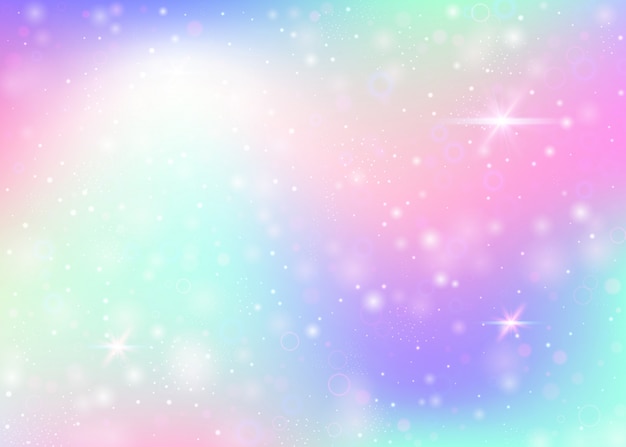 Fairy background with rainbow mesh.  Trendy universe banner in princess colors. Fantasy gradient backdrop with hologram. Holographic fairy background with magic sparkles, stars and blurs.