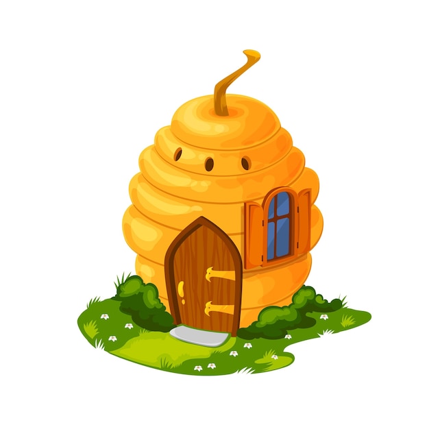 Vector fairy bee hive cartoon huis of woning. vectorhuis van kabouter, fee of sprookjesprinses, fantasiehuis van magisch bos of tuin in vorm van wilde bijenkorf met venster, deur en schoorsteen