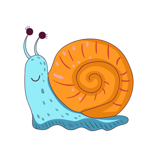 Fairy blue snail with bright orange shell Adorable doodle character isolated on white Vector in line style Colorful graphic design for sticker children print book illustration or postcard