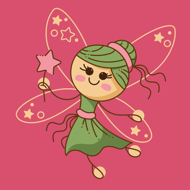 Fairy cut Cute fairy with wings and a magic wand Cartoon doodle illustration