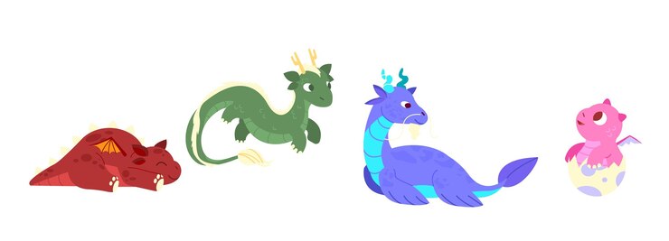 Vector fairy dragons fantasy colorful creatures medieval magic fairy animals mythical reptiles dinosaurs
