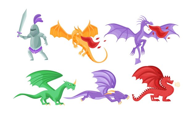 Vector fairy dragons with open wings shooting out flames and medieval knight ready to fight vector set