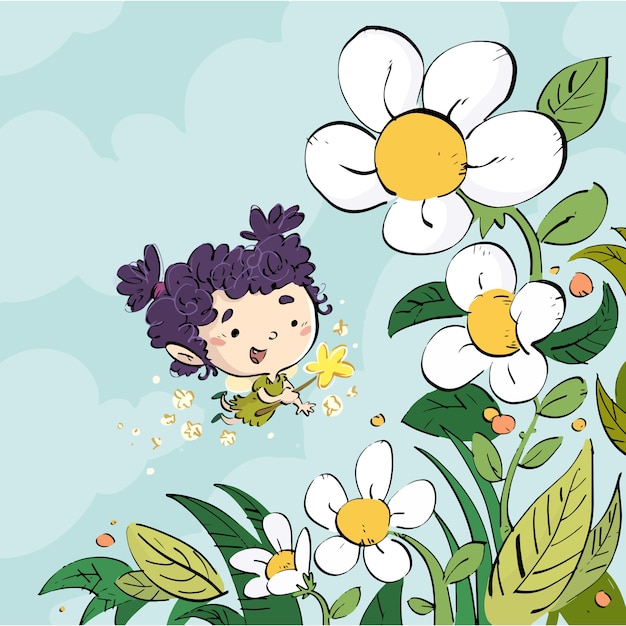 Vector fairy flying among the flowers