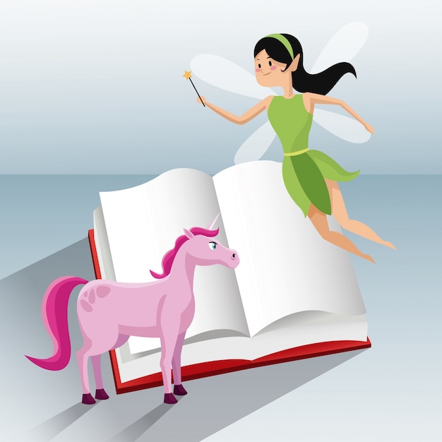 Vector fairy flying and unicorn tale book