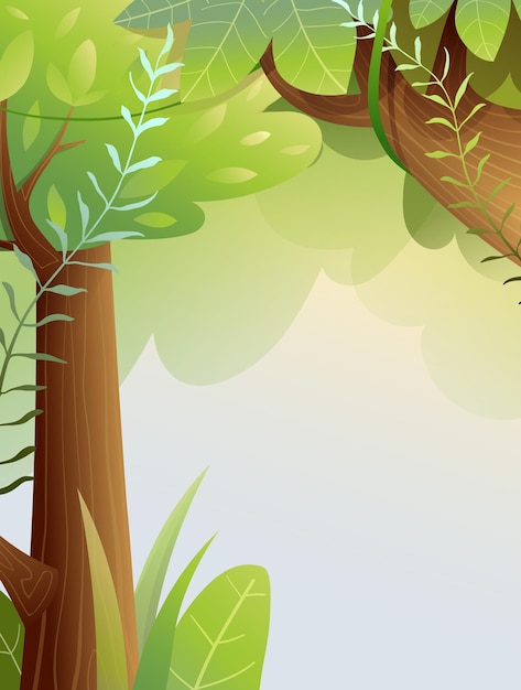 Vector fairy forest background with copy space lush summer green woodland with trees trunks and twigs