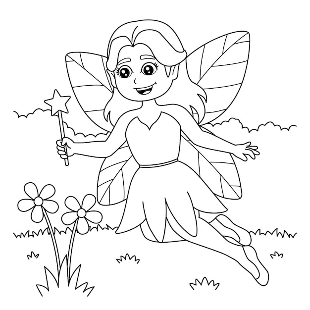 Fairy Holding Magic Wand Coloring Page for Kids