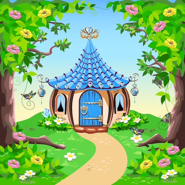 Fairy house with a blue roof