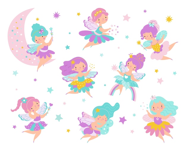 Fairy kleine prinses Cartoon schattige feeën vliegen en rusten op de maan Kind verhaal pop en magische karakters Mooie dansers uit kinderboek tegenwoordig vector kit