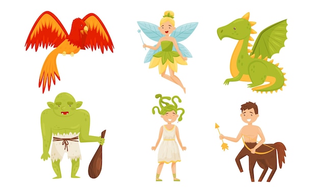 Vector fairy magical creatures from kids book vector set cartoon fantasy beasts from fairy tales