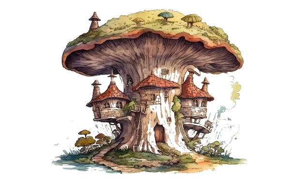 Vector fairy mushroom house watercolor painting abstract background