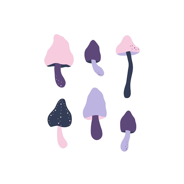 Fairy mushrooms vector poster Hand drawn whimsical fantasy cartoon fungi amanita toadstool