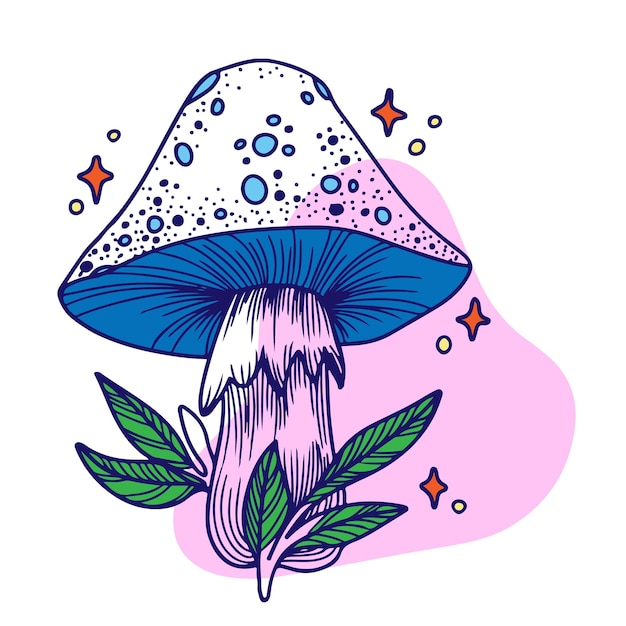 Fairy paddestoel paddestoel met planten en sterrenhemel achtergrondafbeeldingen doodle