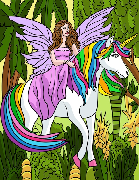 Fairy riding in unicorn colored cartoon