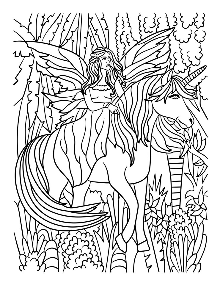 Vector fairy riding unicorn coloring page for adults