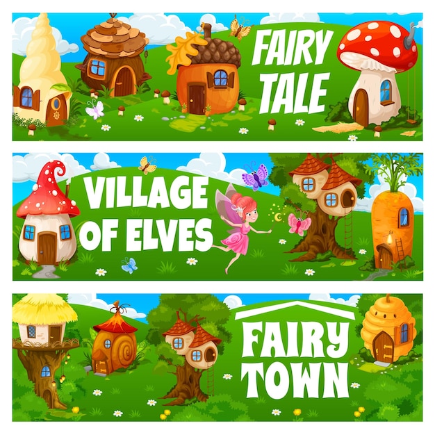 Fairy stad en dorp banners kabouter elf huizen