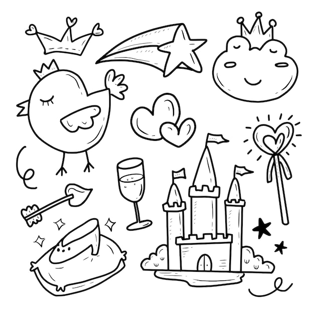 Vector fairy tail princess and castle icon collection set sticker