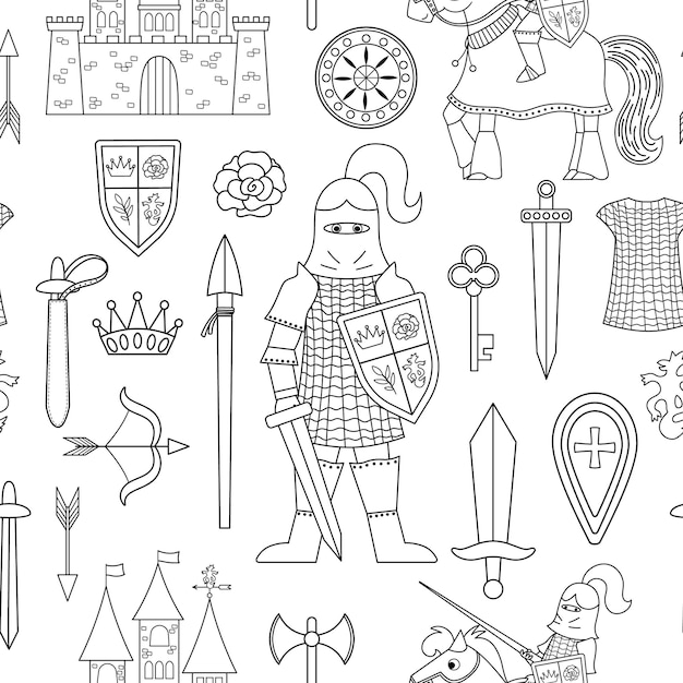 Fairy tale black and white knight armor seamless pattern Repeat line background with fantasy armored warrior and castle Fairytale soldier digital paper with sword Medieval weapon texturexA