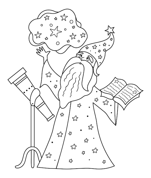 Fairy tale black and white vector stargazer with telescope holding spell book Fantasy line wizard in tall hat Fairytale astrologist coloring page Cartoon magic icon with cute characterxA