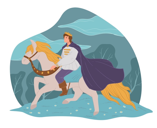 Vector fairy tale character, prince charming riding on white horse. male personage with cape and crown, fantasy man horseback