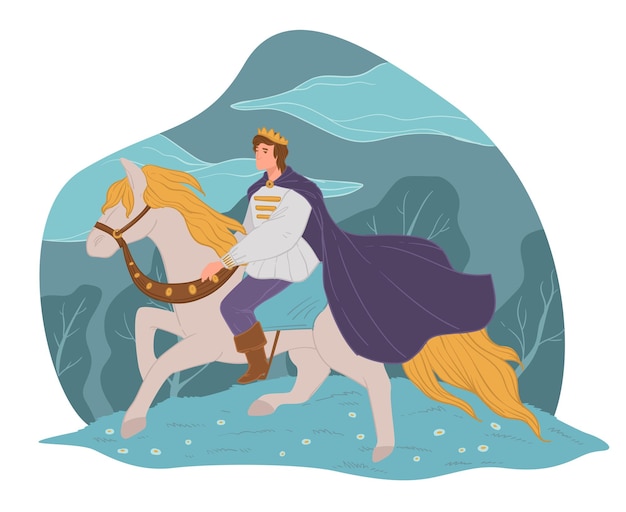 Сказочный персонаж, принц верхом на белом коне. Персонаж мужского пола с накидкой и короной, фэнтезийный человек на лошади. Мечта или волшебное королевство. Дворянин или герой, романтик. Вектор в плоском стиле