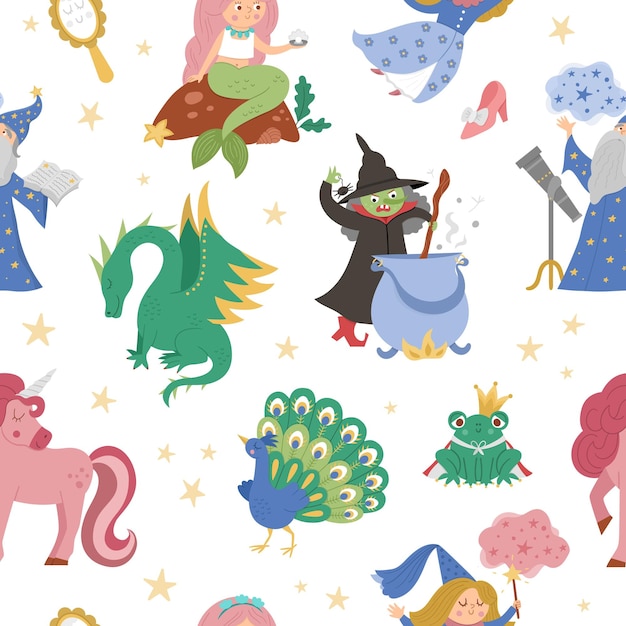 Fairy tale characters collection Vector set of fantasy witch unicorn dragon fairy magician mermaid frog prince Medieval fairytale castle pack Cartoon magic icons for kidsxA