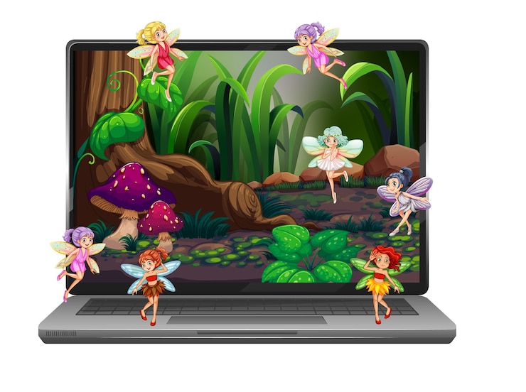 Vector fairy tale on computer screen isolated on white background