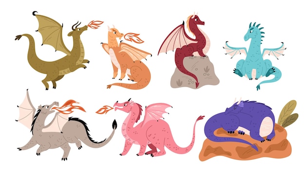 妖精のドラゴン 魔法の火を吐く動物 神話の翼のある生き物 岩の上の幻想 翼のある飛ぶ爬虫類 神話のトカゲ 漫画のモンスター ガリッシュなベクトルセット
