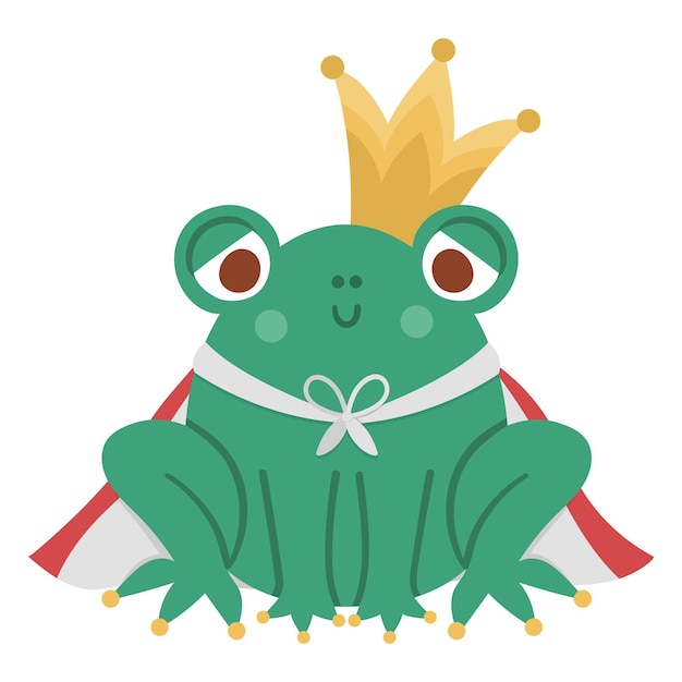 Fairy tale frog prince with crown and mantle isolated on white background Vector fantasy animal in royal clothes Medieval fairytale character Cartoon magic sovereign iconxA