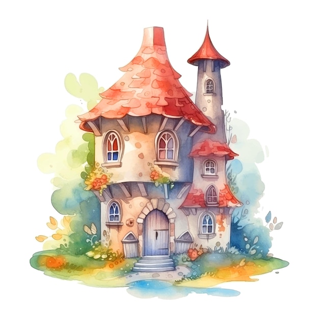 Fairy tale house watercolor paint ilustration