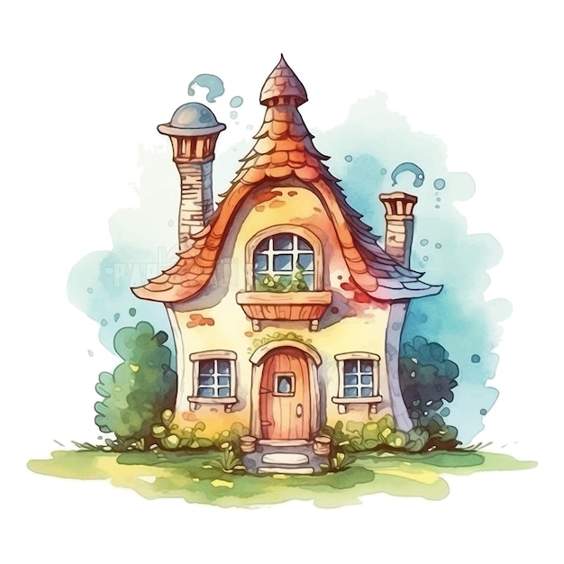 Fairy tale house watercolor paint ilustration