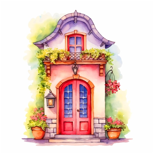 Vector fairy tale house watercolor paint