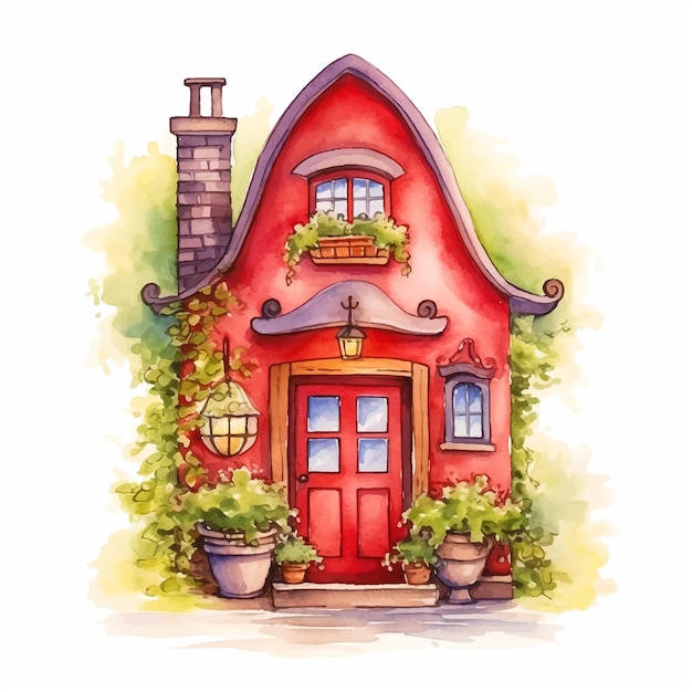 Vector fairy tale house watercolor paint