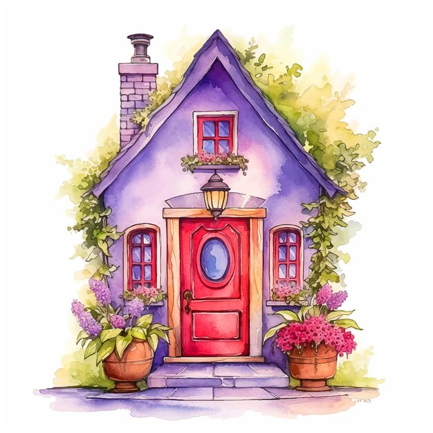 Vector fairy tale house watercolor paint