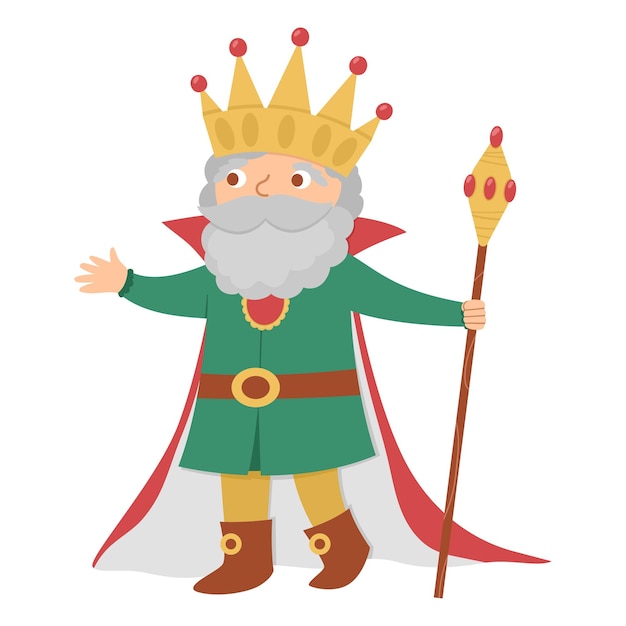 Vector fairy tale king with scepter isolated on white background vector fantasy monarch in crown and mantle medieval fairytale prince character cartoon magic sovereign iconxa