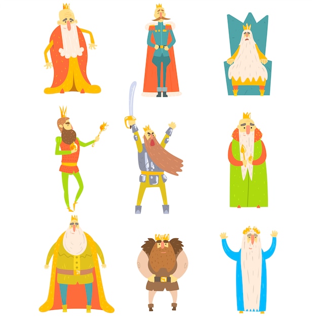 Fairy-tale kings set cartoon fun illustraties