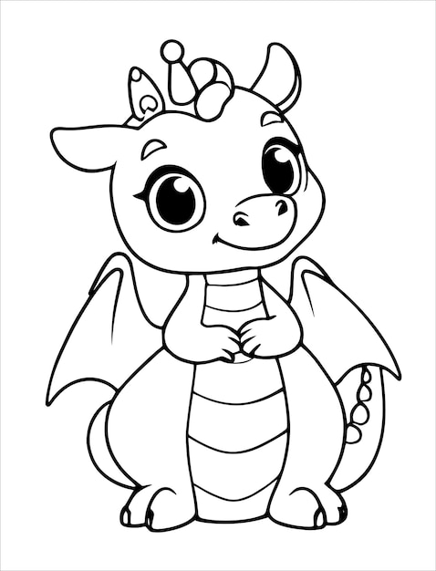 Vector fairy tale magic baby dragon princess in coloring page with vector illustration