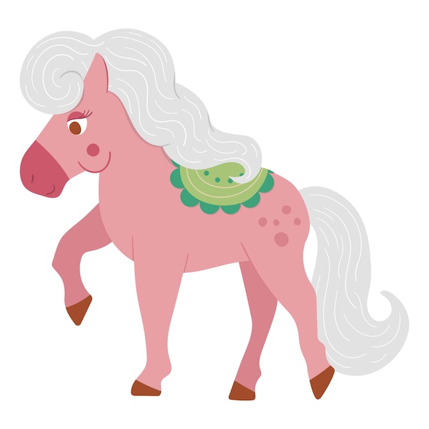 Fairy tale pink horse with green saddle isolated on white background Vector fantasy animal Medieval fairytale horse character Cartoon magic iconxA