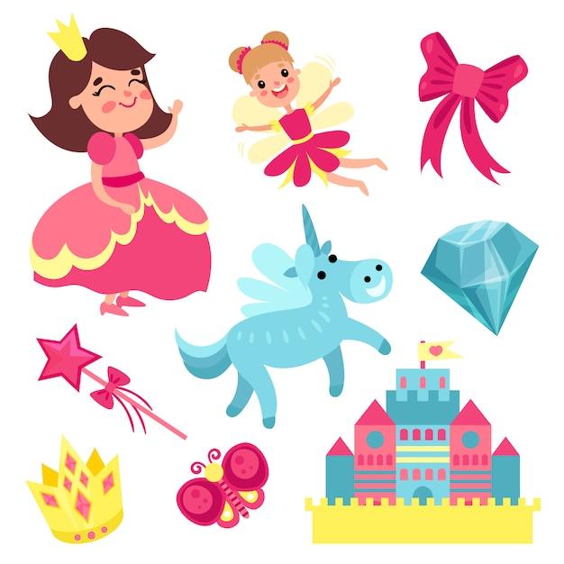 Fairy tale set, little princess and fairy with unicorn, castle and magic elements   illustrations