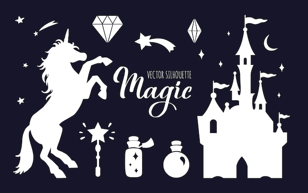 Vector fairy tale  silhouette collection with unicorn and castle