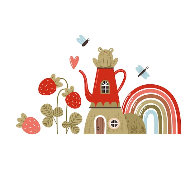 Fairy tale vector illustration with frog rainbow wild strawberry and watering can house Magic garden