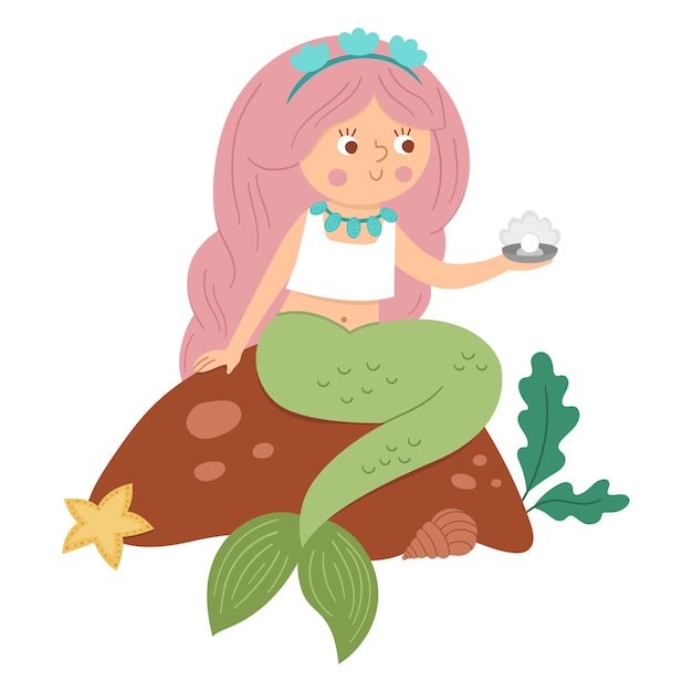 Fairy tale vector mermaid sitting on a rock and holding pearl Fantasy girl in crown isolated on white background Fairytale sea princess with pink hair Girlish cartoon magic icon with cute characterxA