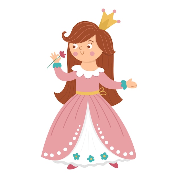 Fairy tale vector princess smelling flower Fantasy girl in crown isolated on white background Medieval fairytale maid in pink dress Girlish cartoon magic icon with cute characterxA