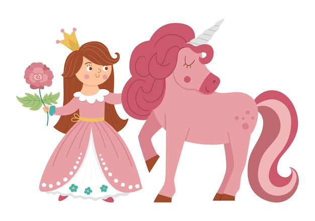 Principessa di vettore di fiaba con unicorno e rosa ragazza di fantasia in corona isolata su sfondo bianco cameriera da favola medievale in abito rosa icona magica del fumetto da ragazza con simpatico characterxa