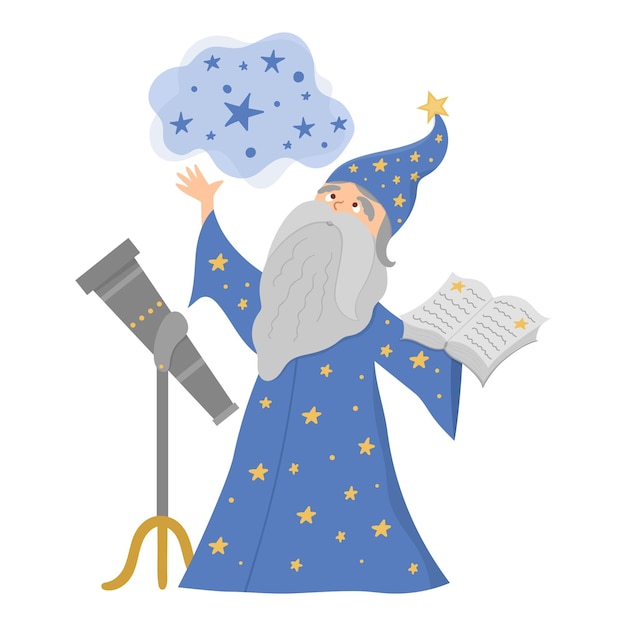 Fairy tale vector stargazer with telescope holding spell book Fantasy wizard in tall hat isolated on white background Fairytale astrologist in blue robe Cartoon magic icon with cute characterxA