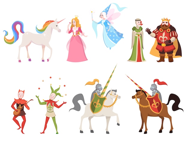 Fairy tales characters. Wizard knight queen king princess prince medieval fairy castle dragon magic set cartoon,  illustration