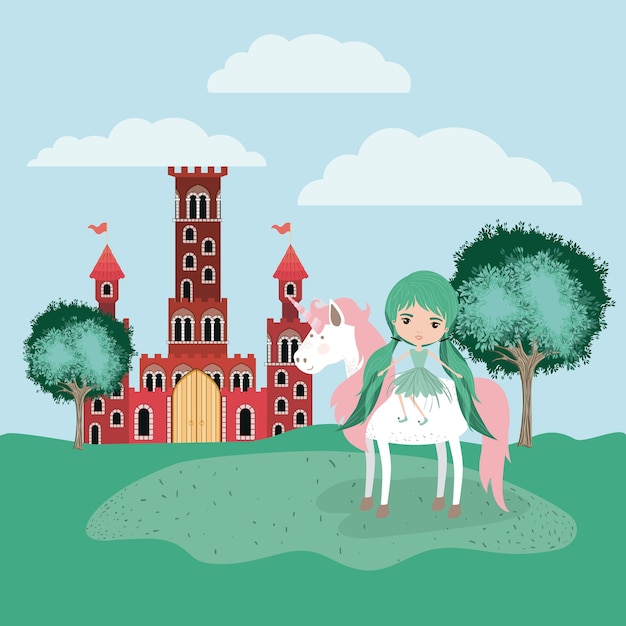 Fairy with unicorn in the camp and castle