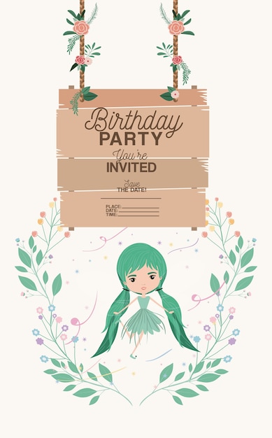 Vector fairy with wooden label invitation card