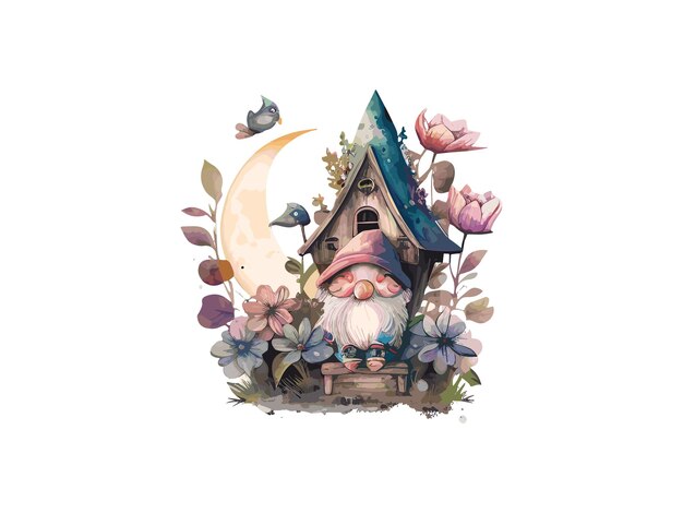 fairyland mushroom house of gnomes watercolor vector illustration