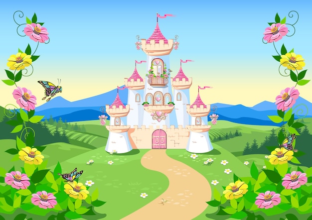 Vettore sfondo da favola con castello della principessa
