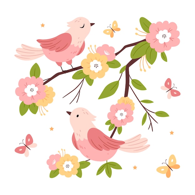 Vector fairytale birds and butterflies on flower branches pastel illustrationhand drawn flat illustration